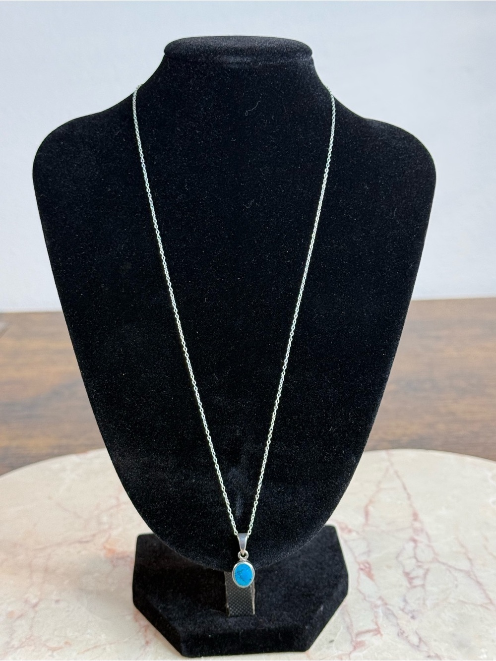Navajo Indian 925 Turquoise Stone Pendant Necklace, 10” long flat